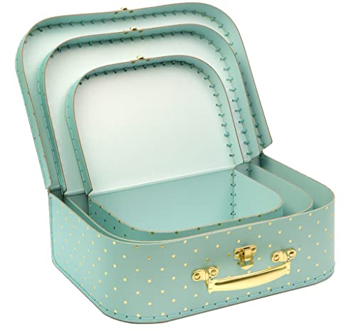 Jewelkeeper Paperboard Suitcases, Set Of 3 – Vintage Decorative Storage Box - Luggage Decor Storage - Gift Boxes For Birthday,Weddings,Anniversary – Old Home Decoration - Turqoise And Gold Design #TOP4