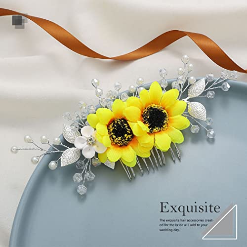 Easedaily Sunflower Bride Wedding Hair Comb Gold Flower Bridal Hair Pieces Leaf Hair Clip Side Combs Hair Accessories For Women And Girls (A-Silver) #TOP1