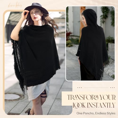 Women Hooded Cape Ponchos Sweater Solid Knit Versatile Lightweight Shawl Wrap Scarf Cape Poncho Accessories3