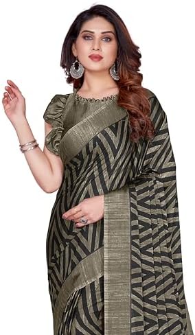 MIRCHI FASHION Women's Stylish Chiffon Abstract Printed Saree with Blouse Piece, Mustard, Green, Mustard, One Size