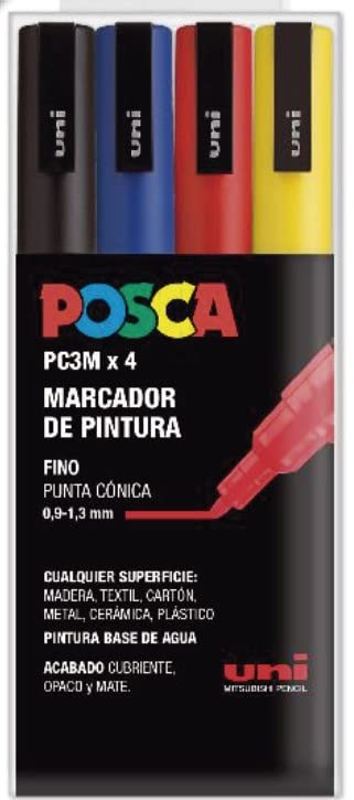 Uni-Ball UNIPC3M/4C BASICUd Estuche 4 rotuladores Posca Basic PC3M Fino, Blue, Estándar