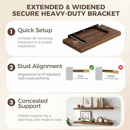 Image of Fun Memories Deep Floating Shelves, 32W x 12D Walnut Wall Shelves, 32 Long Rustic Wood Wide Storage Shelves for Bedroom, Kitchen, Farmhouse, Laundry Room, Bedroom, Kitchen, Home Office- Set of 2