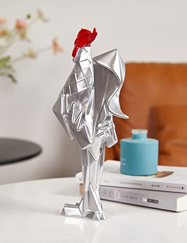 Nenbolec Rooster Statue Figurine Table Sculpture Decor Polyresin Arts Gifts Silver 12.2 Inch #TOP5