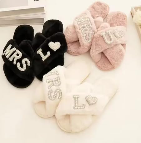 Personalized Initial Wedding Bride Slippers MRS Pearl Letter Bridal Shower Gifts for Wedding Day (Black S)3
