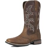 Atsroel Mens Cowboy Boots Square Toe Western Boots Pull On Resistant Work Traditional Country Shoes Chunky Heel Embroidered Riding Mid Calf