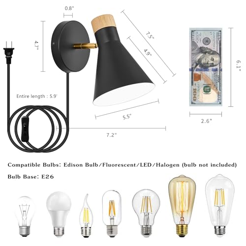 Image of Wall Sconce Set of 2, Wall Sconce with Metal Shade, Plug Switch, Indoor Decor Wall Mount Swing Arm Lamp for Bedroom,Hallway,Living Room,Reading, Black
