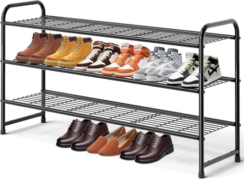 KEETDY 3-Tier Long Shoe Rack for Closet Metal Shoe Organizer for Entryway, Wide Stackable Shoe Storage Shelf with Sturdy Wire Grid for Closet Floor, Bedroom, Black