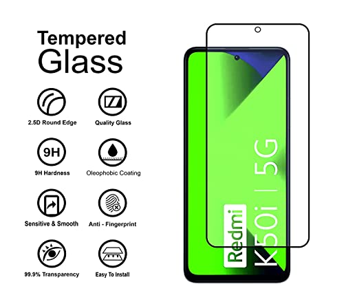 Image of Edge to Edge Tempered Glass for Redmi K50i (6.6 Inch) with Easy Self Installation Kit | Black, Pack Of 1
