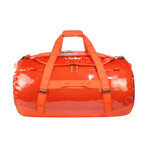 Image of Tatonka Barrel 110L Waterproof Travel Bag with Backpack Function, Large Opening, Padded Base and Lockable Zip, Red Orange, 110 Liter, Durable travel bag with stowable backpack shoulder straps