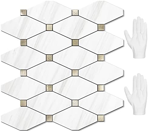 STICKGOO 10 Sheets Peel and Stick Dolomite Mosaic Tile, White Marble Look PVC Mixed Metal Gold Kitchen Backsplash for Fireplace, RV
