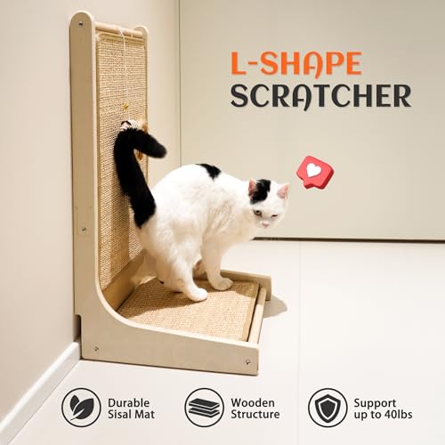 Image of PETKARAY Cat Scratcher, Sisal Cat Scratch Pad, L Shape Cat Scratching Board for Indoor Cats, Floor Mounted Scratcher with Mouse Toy Catnip