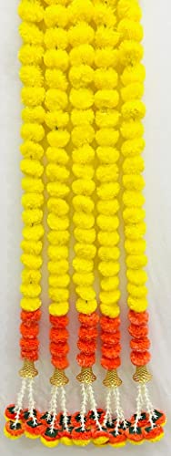 Image of Sphinx Artificial Marigold Fluffy Flowers Garlands for Decoration - Pack of 5 (Orange,Yellow Mix with Bell)