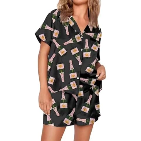 VKEGNIO Womens Pajamas Set Short Sleeve Button-Down 2 Piece PJ Set Lounge Sleepwear Cute Graphic Tees PJ Set (Meduim, Black) Cover
