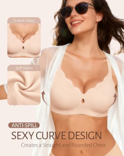 Gailife Womens Jelly Bra for Women Wireless Bras Seamless No Underwire Supportive Full Coverage T-Shirt Bra Scalloped Skin XL - 2