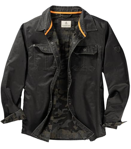 Legendary Whitetails Mens Flannel Lined Shirt Jacket Waxed Cotton Water Resistant Shacket, Black, XL