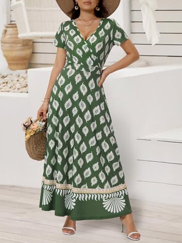 Image of HUHOT Women's Short Sleeve Wrap V Neck Dresses for Wedding Guest Summer Floral Maxi Sundresses with Pockets Boho Dress
