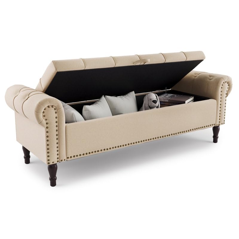 Image of 3-Seater Upholstered Ottoman Bench with Storage | Cream |62.4 x 20.1 x 20.7 Inch| Elegant Multi-Purpose with 6-Inch Wooden Legs for Living Room, Bedroom, Entryway