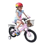 Mqwdxzfes 14 Zoll Kinderfahrrad mit Korb & Rückbank, Höhenverstellbar Kinderrad mit Stützrädern, Sicher Mädchenfahrrad Jungenfahrrad Anfängerfahrrad für Jungen Mädchen 3-6 Jahre (Lila/Rosa) (Rosa)