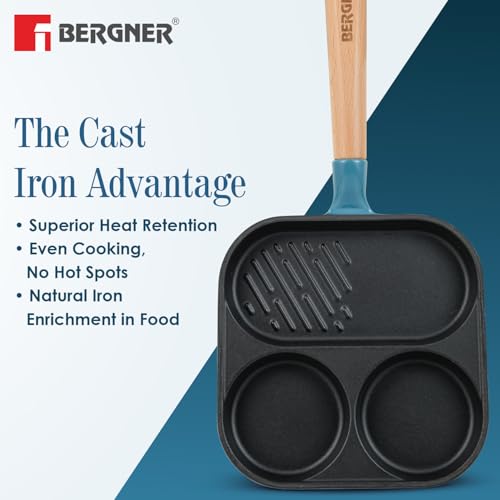 Image of Bergner Excalibur Lightweight Cast Iron 18cm Breakfast Pan, Sturdy Wooden Handle, Non-Stick Coating, PFAS Free, Perfect Heat Distribution, Elegant Design - Induction Compatible (Blue)