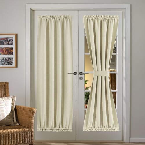 NICETOWN Room Darkening Curtain Panel for French Door, Farmhouse Patio Door Window Curtains Thermal Insulated Rod Pocket Shade for Living Room Glass, W36 x L72, Beige, 1 Panel