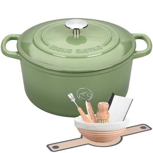 EDGING CASTING Enameled Cast Iron Dutch Oven with Sourdough Bread Baking Kit Bread Dutch Oven with Lid Includes Proofing Basket & Baking Tools 5qt Pistachio Green