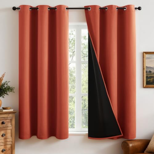 Image of MIULEE Burnt Orange 100% Blackout Fall Curtains for Bedroom 40x45 Inch Long | 2 Thick Layers Thermal Insulated Short Curtains with Black Liner, Noise Reducing Grommet, Drapes for Living Room, 2 Panels