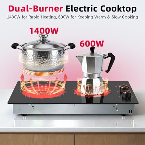 Image of 2 Burner Electric Cooktop 110v Hobsir, 2000W Electric Stove Top Burner 12 Inch, 9 Power Levels, Knob & Touch Control, Plug in Cooktop 120v, 99 Mins Timer, Safety Lock, Automatic shutdown