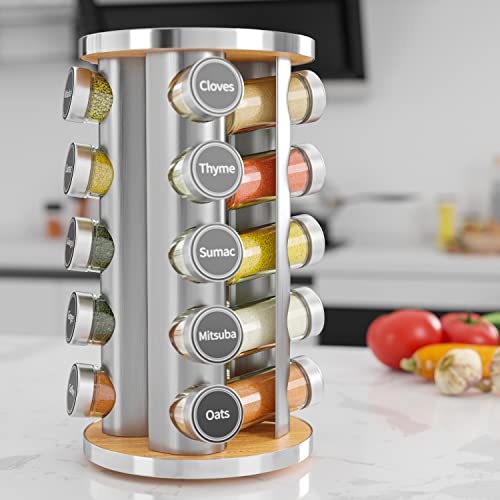 Image of Revolving Spice Rack Set with 20 Spice Jars, Kitchen Spice Tower Organizer for Countertop or Cabinet -- Carousel Storage Includes 386 Spice Labels -- Desktop Rotating Seasoning Organizer