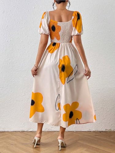 Image of GRECIILOOKS Summer Dress for Woman | Boho Square Neck Long Dress | Women's Puff Sleeve Floral Printed A Line Maxi | Elegant Tie Front Slit Outfit | Comfortable Beach, Vacation, Party & Holiday Outfit