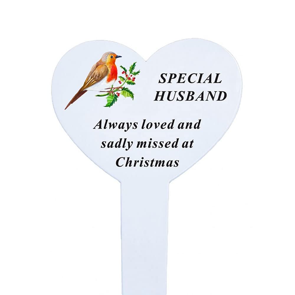 Angravememorials Multicoloured Special Husband Christmas Robin Memorial Heart Remembrance Verse Ground Stake