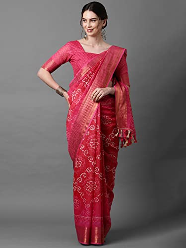 Image of AKHILAM Bandhani Print Linen Saree With Unstitched Blouse Piece for Women (SONPR1 Parent)