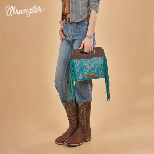 Image of Wrangler Western Handbag for Women Crossbody Bag Top Handle Shoulder Bag Embossed Cowgirl Fringe Purse