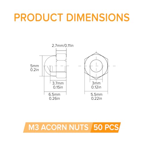 Lyeteung 50 Stücke M3 Sechskant Hutmuttern Edelstahl, Sechskant-Hutmuttern, Eichel-Kuppelkopf-Sechskantmuttern, für Schrauben, Bolzen