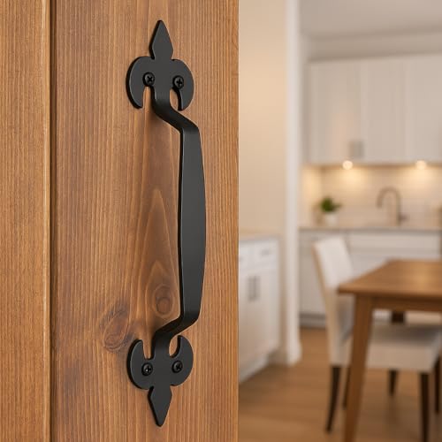Image of 2-Pack 11 Inch Fleur Barn Door Handle - Black Cast Iron Pull for Sliding Doors, Gates, Sheds, Fences, Closets - Indoor Outdoor Farmhouse Hardware