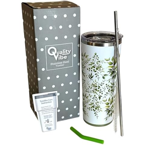 QualityVibe 22oz Stainless Steel Insulated Coffee Tumbler with Straw & Lid. Travel Mug for Women, Christmas Gift for wife, girlfriend or daughter. (22 oz, green leaves) Cover