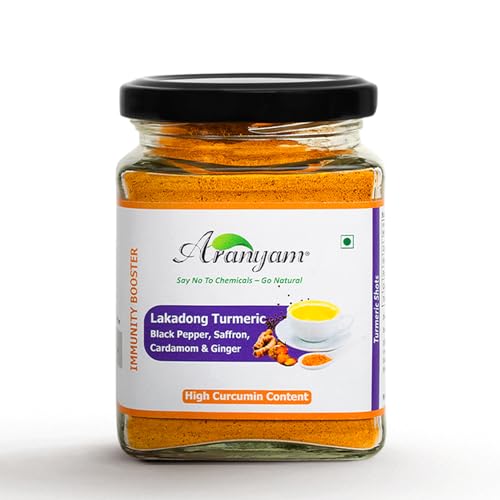 Image of Aranyam Lakadong Turmeric Drink Mix | Infused with Black Pepper, Ginger, Cardamom & Saffron - High Curcumin (7-12%) | Haldi Powder for Golden Milk, Latte, Herbal Tea & Health Drinks (100 Grams)