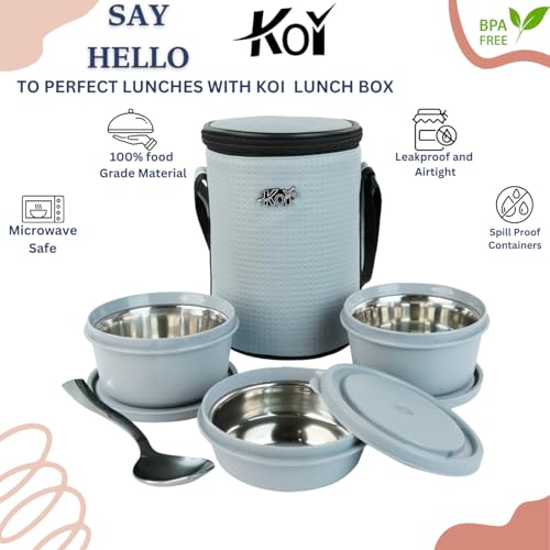 Image of KOI Insulated Lunch Box Set | 3 Inside Steel Containers (290ml, 450ml, 600ml) with BPA Free Lids | Leakproof Microwave Safe Tiffin | Adjustable Shoulder Strap Lunch Bag for Office Travel Use (Grey)