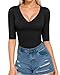 MANGOPOP Women's V Neck Half Sleeve Bodysuit 3/4 Sleeve Slim Fitted Body Suit Sexy Going Out Shirts Tops (Black, X-Large)