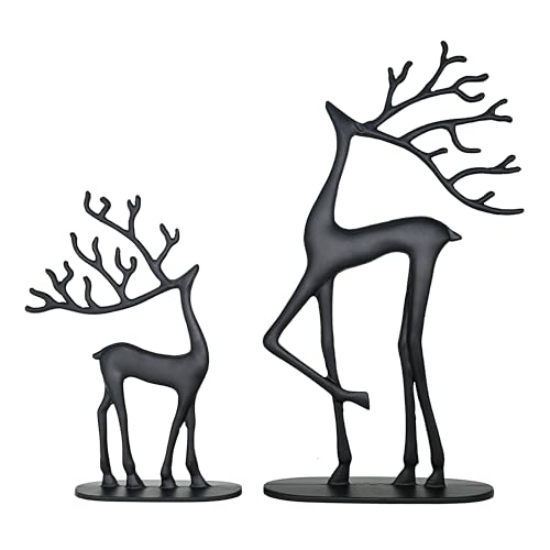 Remenna Modern Reindeer Statues Set of 2 Cast Aluminum Black Deer Sculpture Accent Figurine Decorative Christmas Tabletop Ornaments for Mantel Fireplace Living Room Bedroom Home Decor