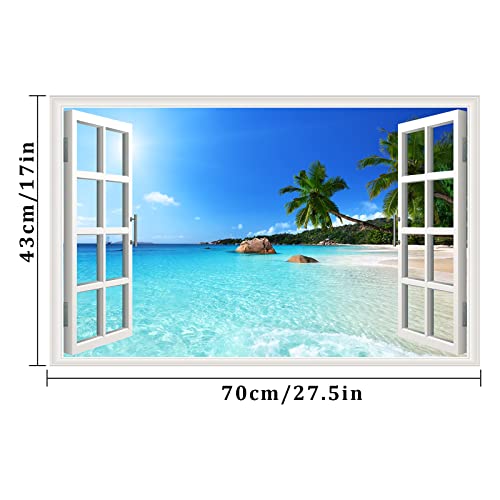3D Beach Seascape Wall Sticker Removable Fake Windows Wall Sticker Coastal Palm Tree Wall Mural For Bedroom Living Room Decoration #TOP4