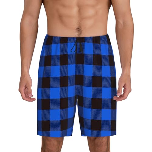 Buffalo Plaid Blue Black Print Men’s Sleep Shorts Bottoms Soft Comfy Pajama Wear Pants With Drawstring Pockets
