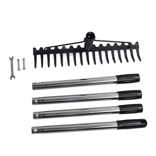 Rastrillo de Jardín 17 Dientes, Metal Ajustable y Desmontable, Acero Inoxidable y Hierro - Ideal para Airear Suelos, Recolectar Hojas, Peinar Césped Artificial y Jardín (4 Secciones)