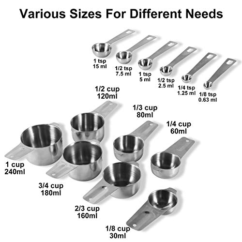 Measuring Cups, Measuring Spoons 18/8 Stainless Steel Durable Stackable With Ring Connector Engraving Scale Kitchen Baking Cooking Measurement Weighing Tool（14 Piece） #TOP1
