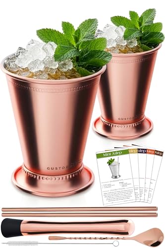 Gusto Nostro Mint Julep Cups Set of 2 - Stainless Steel Julep Cup Kit with Straws, Muddler, Spoon, Recipes, Vases - Southern-Style Cocktail Glasses for Home Bar - Stainless Steel Cocktail Cups (Rose)