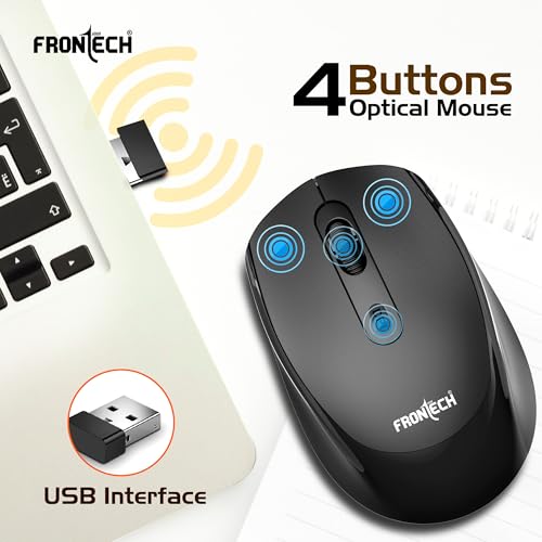 Image of FRONTECH MS-0074 Wireless Mouse, 2.4GHz with USB Receiver, High Precision Optical Tracking, 4 Buttons, Plug & Play, Ergonomic Design for PC /Mac /Laptop (Black)