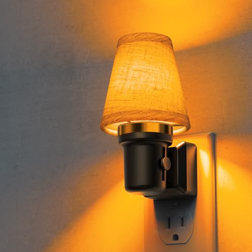 Image of L LOHAS LED Night Lights Plug into Wall, Linen Fabric Round Platform Decor Night Light, Dusk to Dawn Sensor Vintage Nightlight, Amber Warm 0-100LM Dimmable, for Bedroom Living Room Hallway