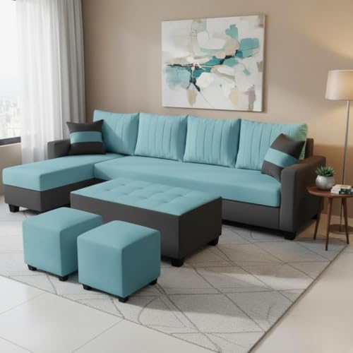 Image of FURNY Avenue 8 Seater Fabric LHS L Shape Sofa Set with 1 Centre Table & 2 Puffy (Sky Blue-Dark Grey) Premium Velvet Finish