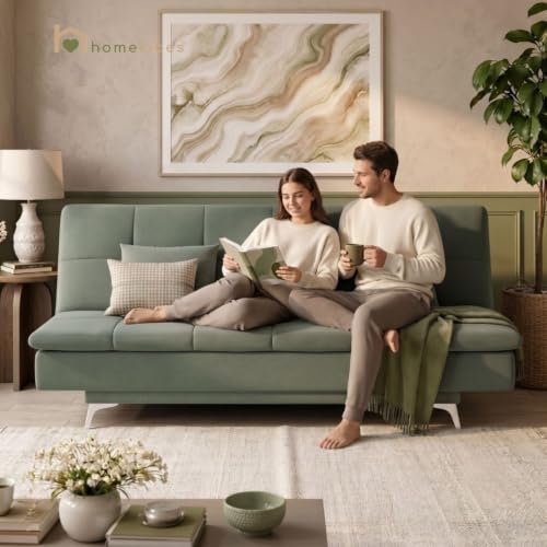Image of Velum 3 Seater Sofa for Living Room & Office | Premium Fabric Upholstery | Solid Wood Frame | Comfortable Seating | 3 Years Warranty (Frosty Green, Sofa Cum Bed)
