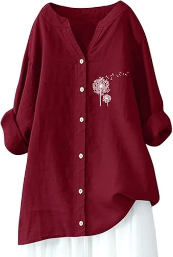 Womens Solid Color Linen Gauze Shirts for Women Summer 3/4 Sleeve Casual Oversized Tunics Loose Fit Plain Tops V Neck (Wine, M)