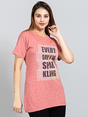 Image of Magknit Fancy Printed Both Side Cut Cotton Blend Half Sleeves and Lightwiegt Trendy Summer Long T Shirt for Women
